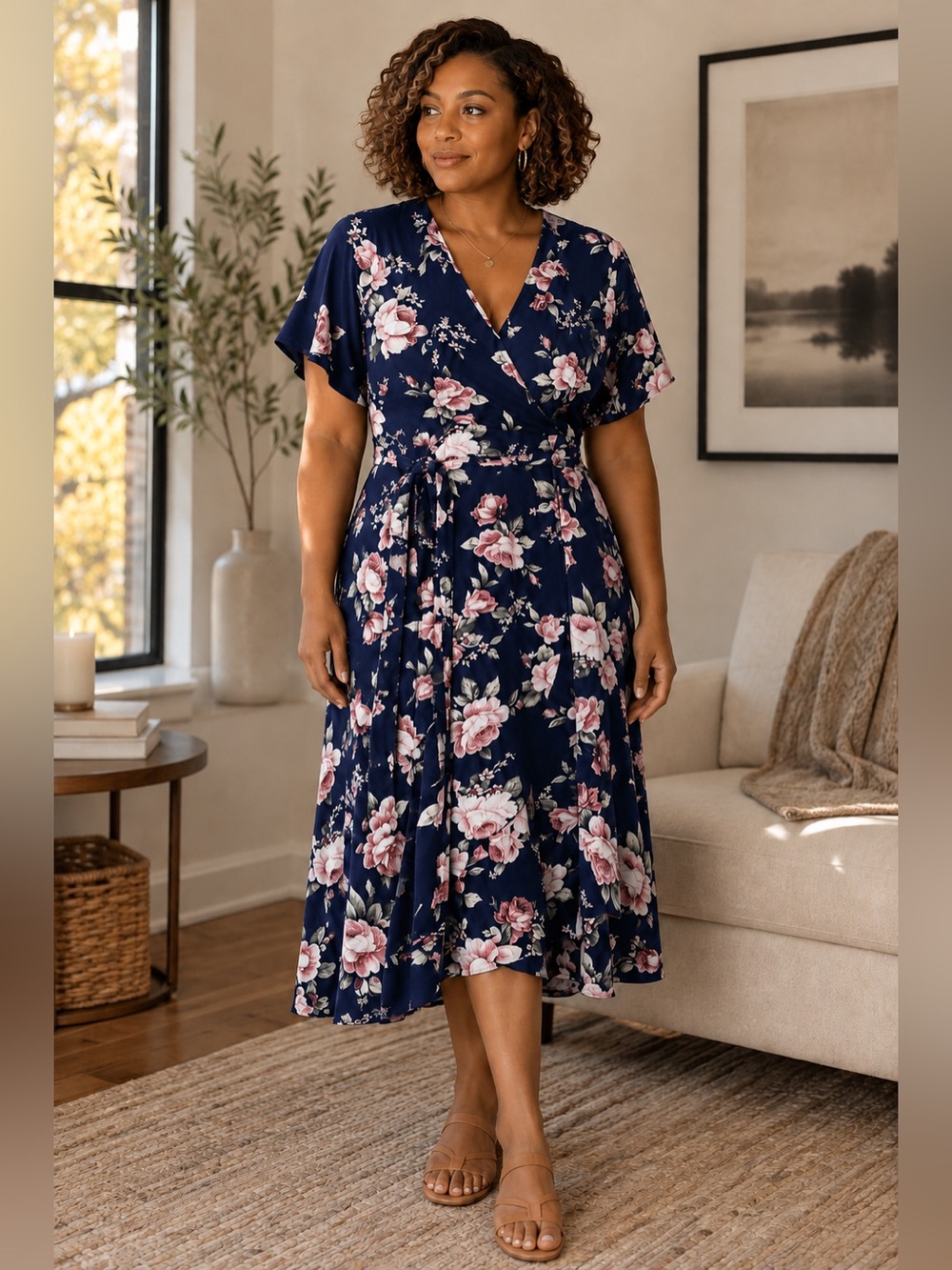 Navy blue floral faux wrap dress (fits like 3XL)